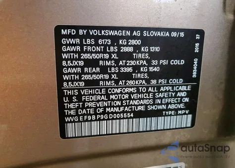 2016 Volkswagen Touareg Sport from USA, damaged, VIN WVGEF9BP9GD005554